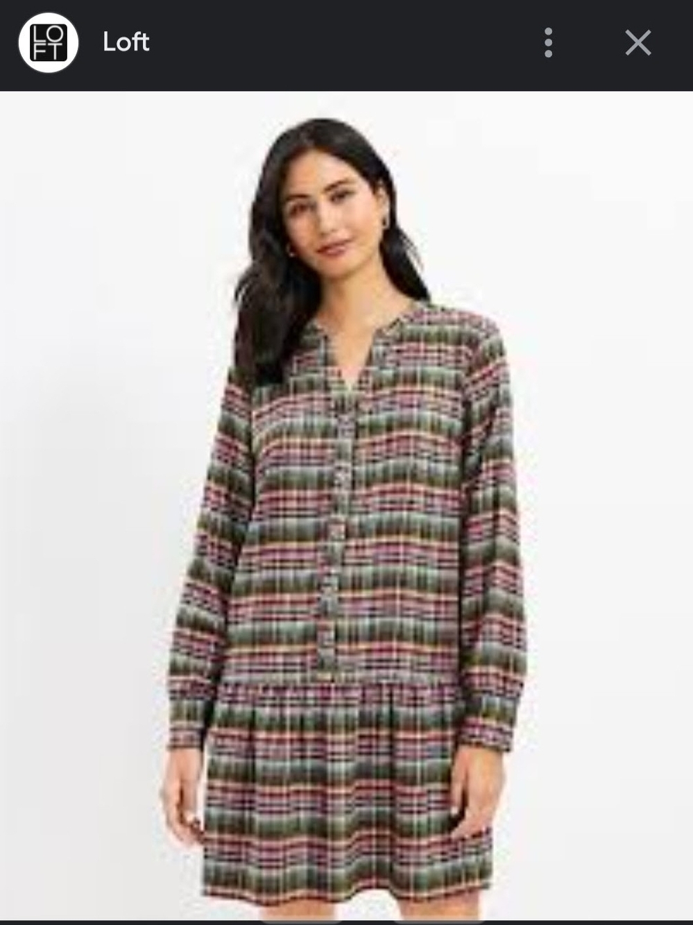 LOFT Plaid Button-Front Long Sleeve Tunic Dress - Green/Pink